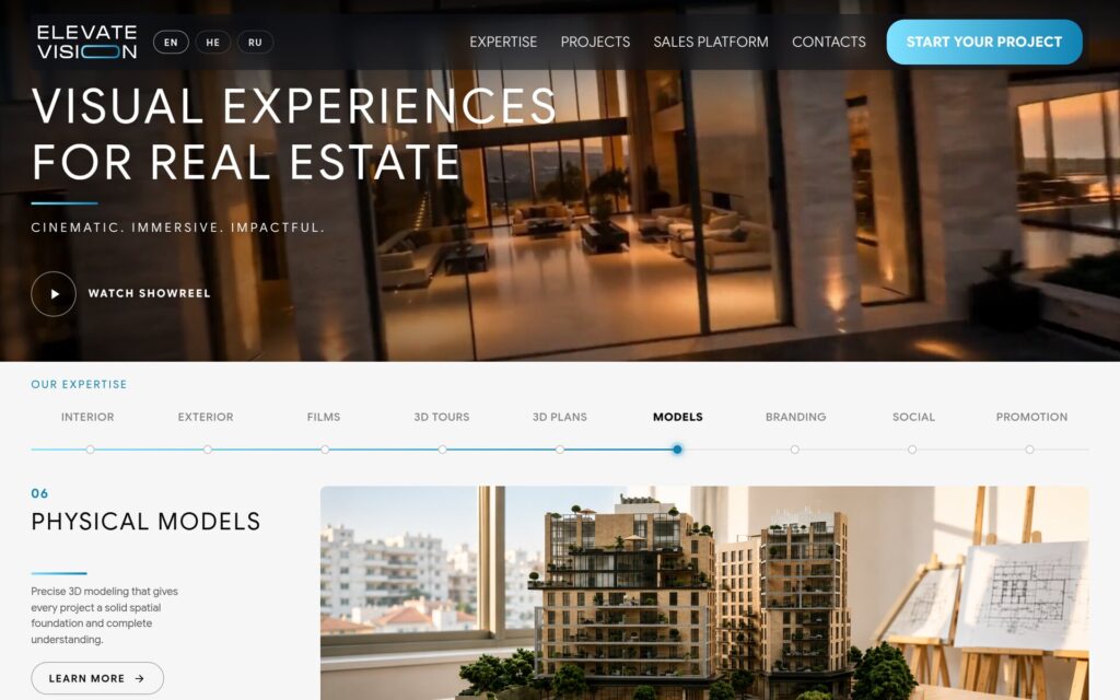 Elevate Vision — site cinématographique et plateforme de vente pour un studio de visualisation architecturale