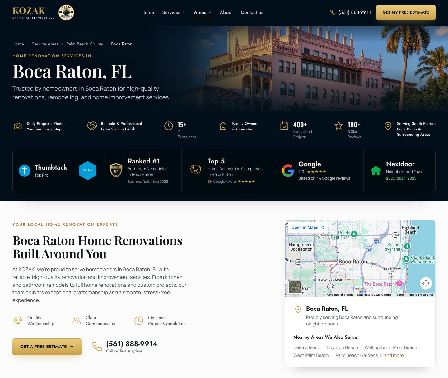 Page de la ville de Boca Raton : premier écran, carte Google et villes voisines desservies