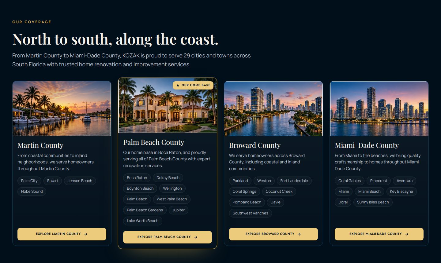 Page des zones : quatre comtés de Floride du Sud avec la liste de leurs villes
