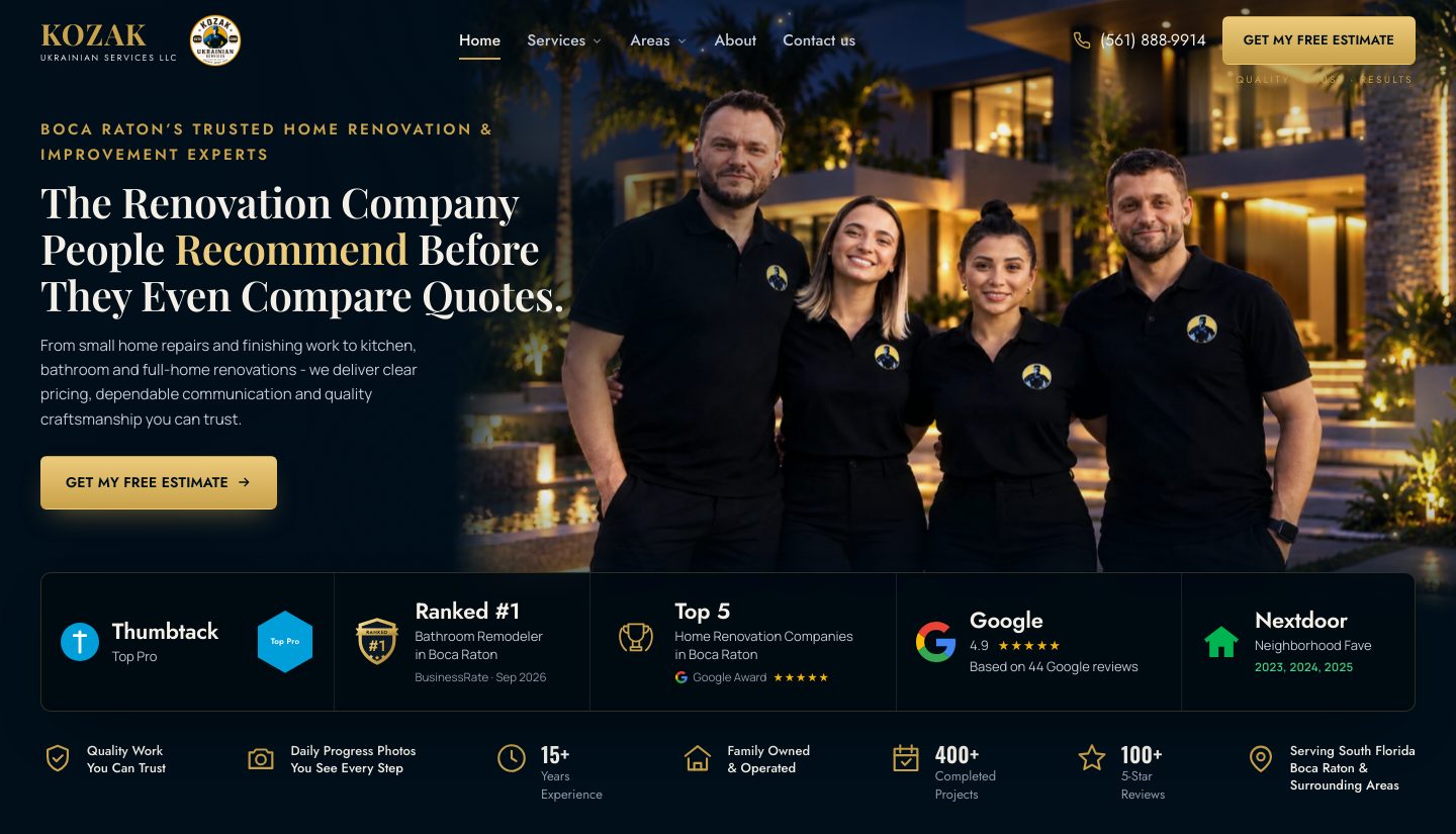 Page d’accueil de kozakservices.com : titre, bouton de devis gratuit, distinctions Thumbtack, Google et Nextdoor