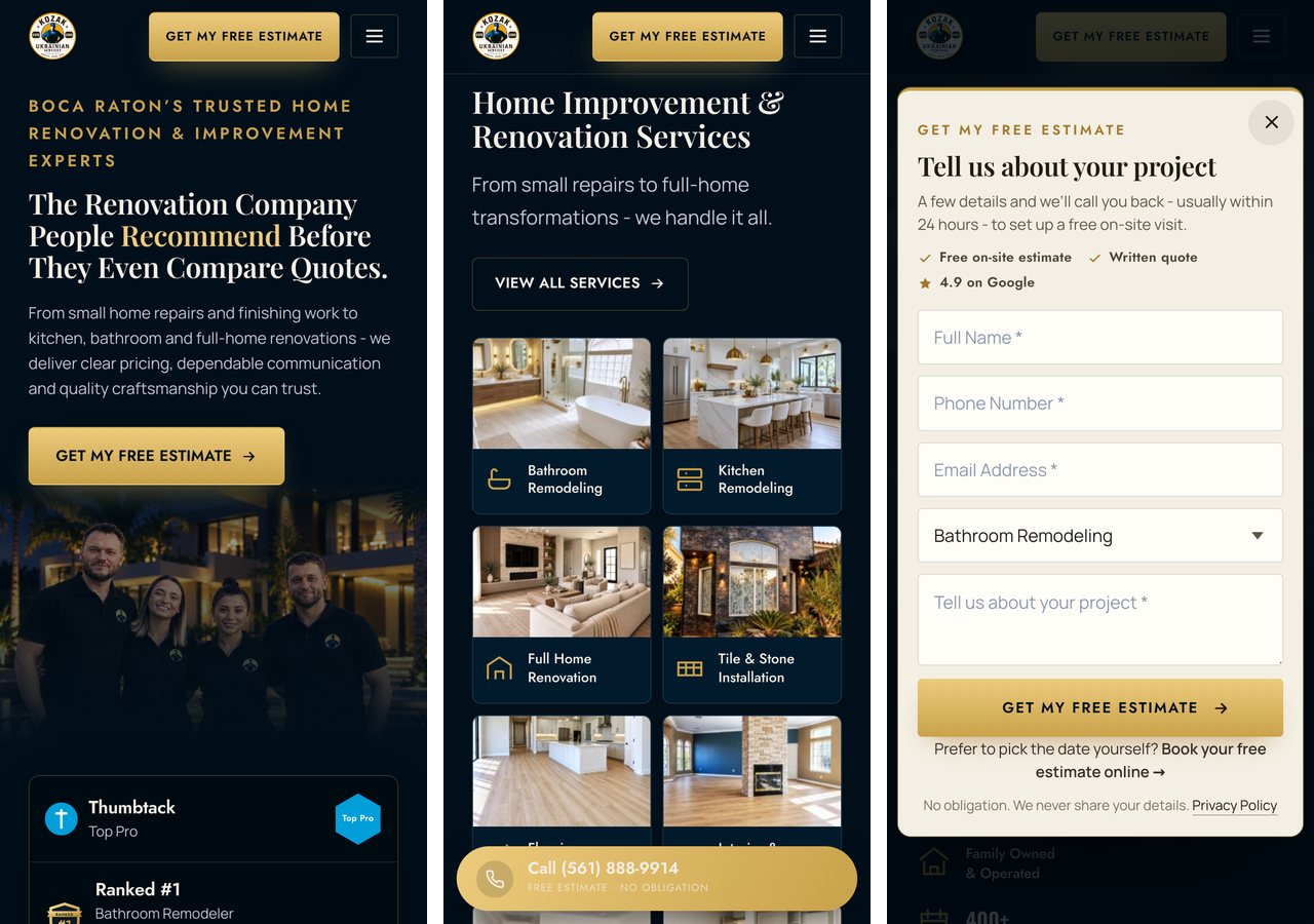 Version mobile : accueil, grille des services avec barre d’appel, fenêtre de devis